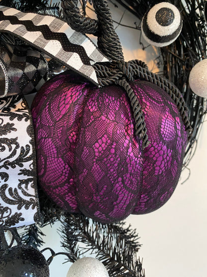 Halloween Wreath, Purple Pumpkin Halloween Wreath For Your Front Door, Black and White Halloween Decorations, Gothic Halloween Party Decor