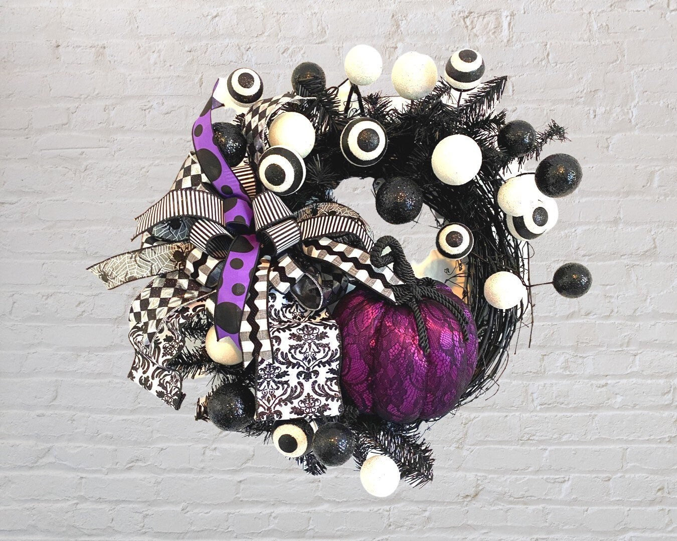 Halloween Wreath, Purple Pumpkin Halloween Wreath For Your Front Door, Black and White Halloween Decorations, Gothic Halloween Party Decor