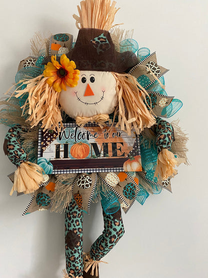 Fall Teal Leopard Scarecrow Welcome Wreath, Blue Autumn Large Home Door Hanger for Front Door, Rustic Farmhouse Porch Decor