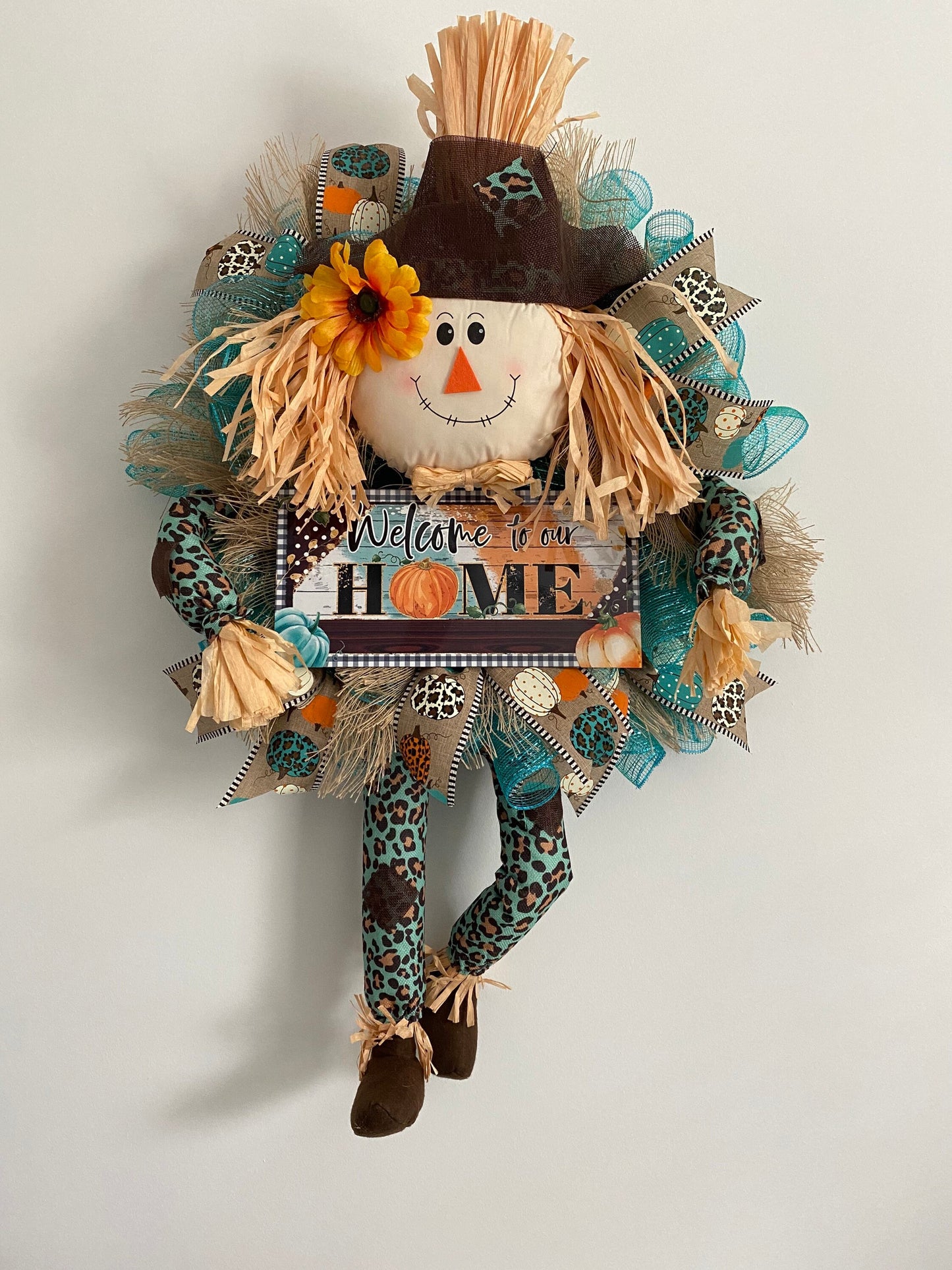 Fall Teal Leopard Scarecrow Welcome Wreath, Blue Autumn Large Home Door Hanger for Front Door, Rustic Farmhouse Porch Decor