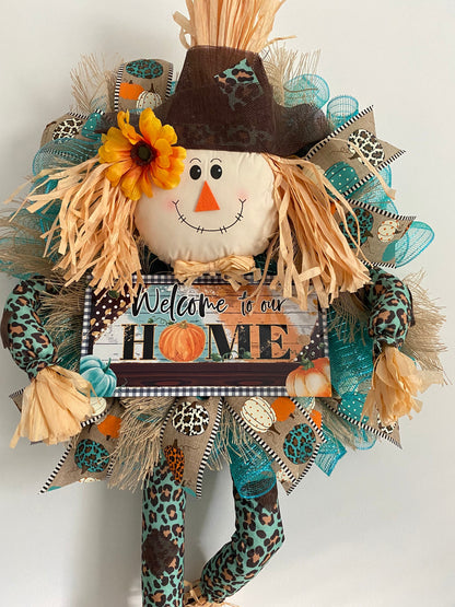 Fall Teal Leopard Scarecrow Welcome Wreath, Blue Autumn Large Home Door Hanger for Front Door, Rustic Farmhouse Porch Decor