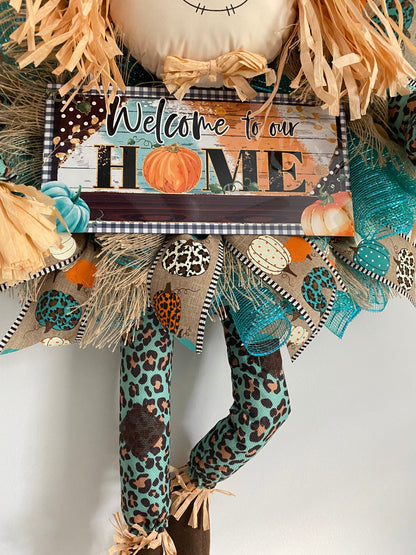 Fall Teal Leopard Scarecrow Welcome Wreath, Blue Autumn Large Home Door Hanger for Front Door, Rustic Farmhouse Porch Decor