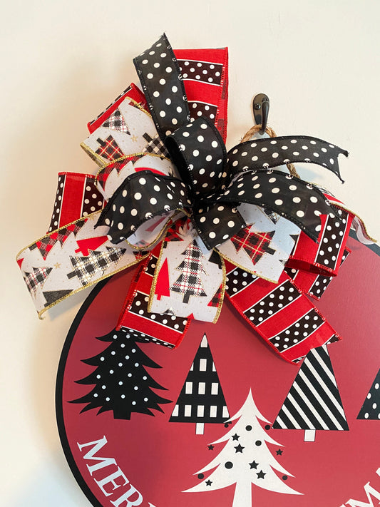 Merry Christmas Doorhanger with Bow, Holiday Door Decor, Black and White Christmas Trees Large SIgn, Thin Red Hanging Holiday Decor with Bow