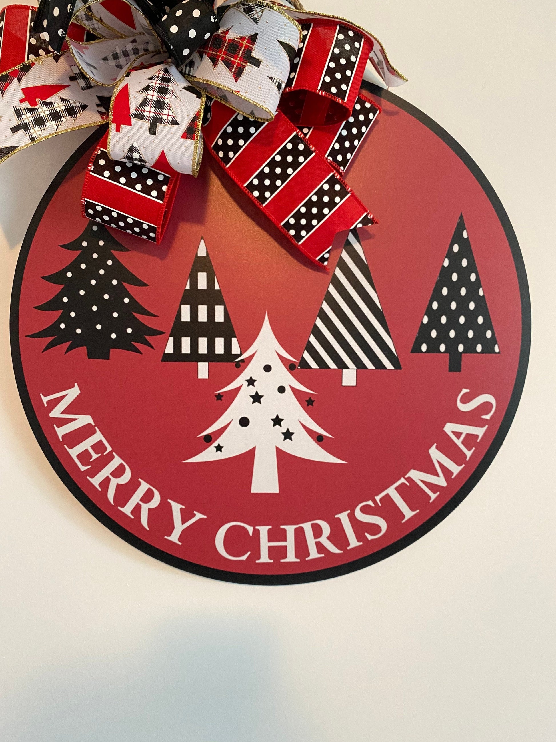 Merry Christmas Doorhanger with Bow, Holiday Door Decor, Black and White Christmas Trees Large SIgn, Thin Red Hanging Holiday Decor with Bow