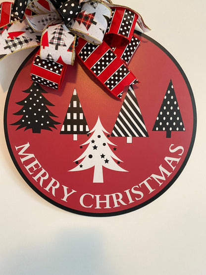 Merry Christmas Doorhanger with Bow, Holiday Door Decor, Black and White Christmas Trees Large SIgn, Thin Red Hanging Holiday Decor with Bow