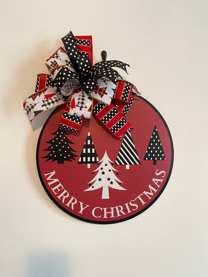 Merry Christmas Doorhanger with Bow, Holiday Door Decor, Black and White Christmas Trees Large SIgn, Thin Red Hanging Holiday Decor with Bow