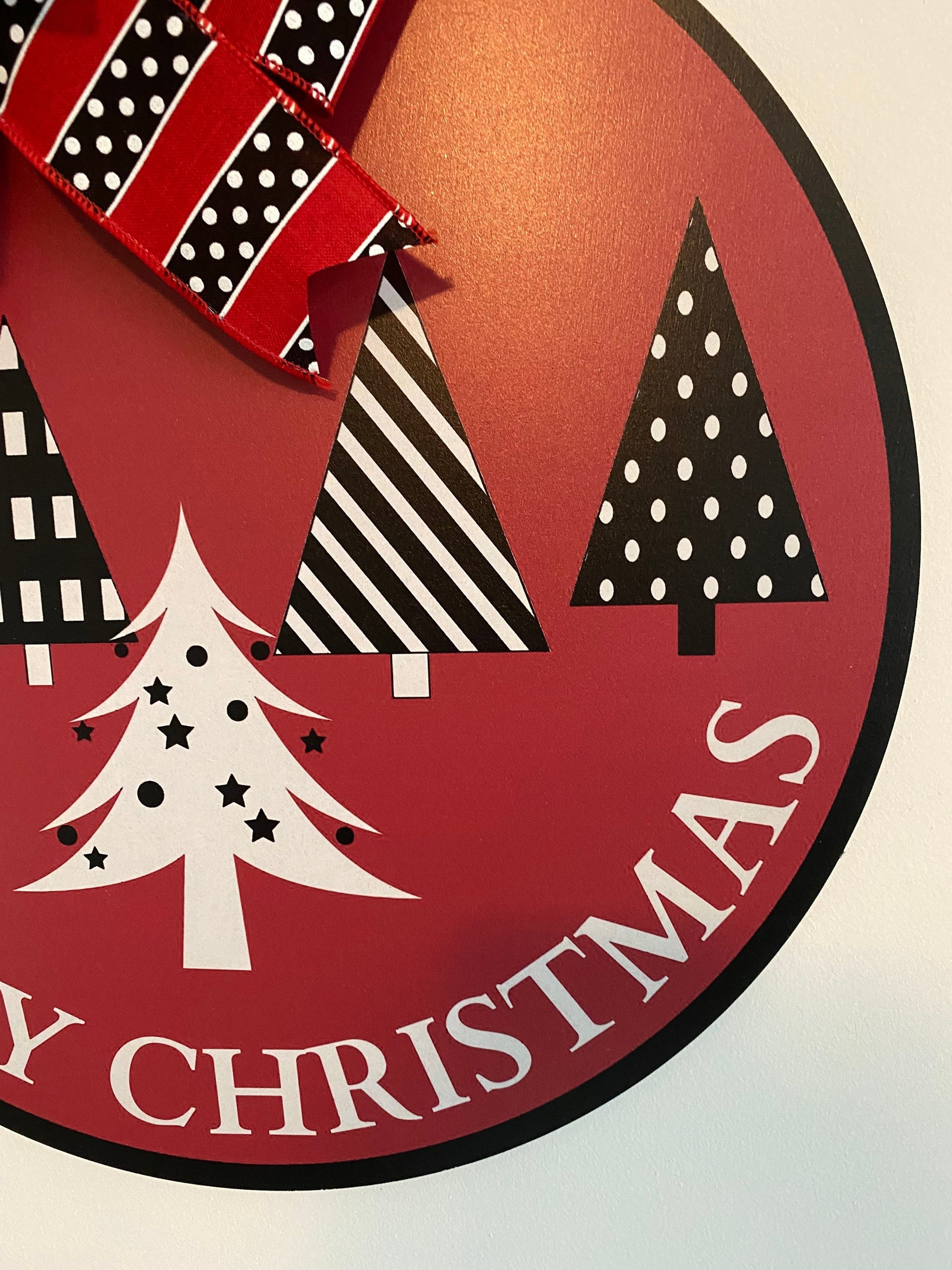 Merry Christmas Doorhanger with Bow, Holiday Door Decor, Black and White Christmas Trees Large SIgn, Thin Red Hanging Holiday Decor with Bow