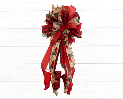 Farmhouse Red Truck Christmas Tree Topper Bow, Buffalo Plaid Bow with Long Tails, Bannister Bow