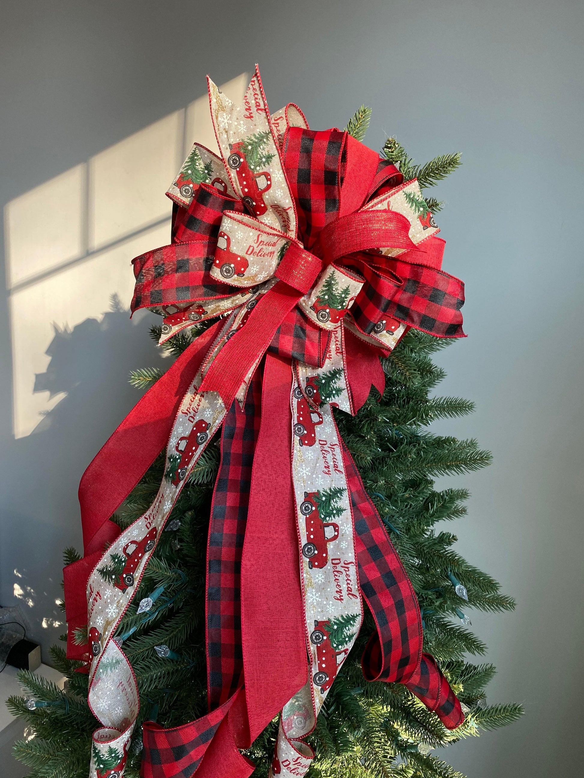 Farmhouse Red Truck Christmas Tree Topper Bow, Buffalo Plaid Bow with Long Tails, Bannister Bow