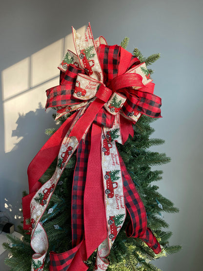 Farmhouse Red Truck Christmas Tree Topper Bow, Buffalo Plaid Bow with Long Tails, Bannister Bow