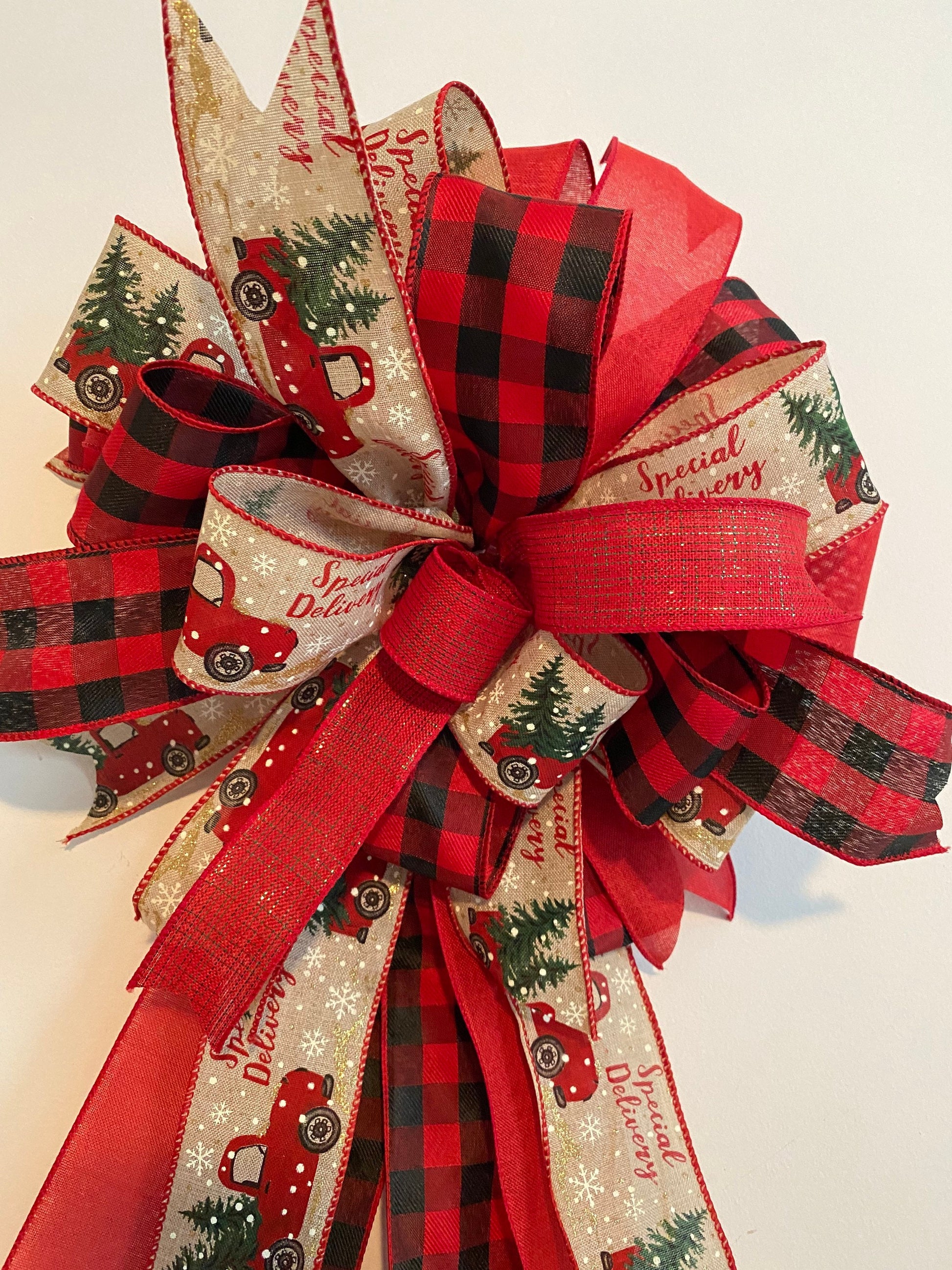 Farmhouse Red Truck Christmas Tree Topper Bow, Buffalo Plaid Bow with Long Tails, Bannister Bow