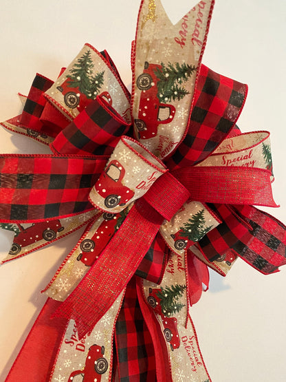 Farmhouse Red Truck Christmas Tree Topper Bow, Buffalo Plaid Bow with Long Tails, Bannister Bow