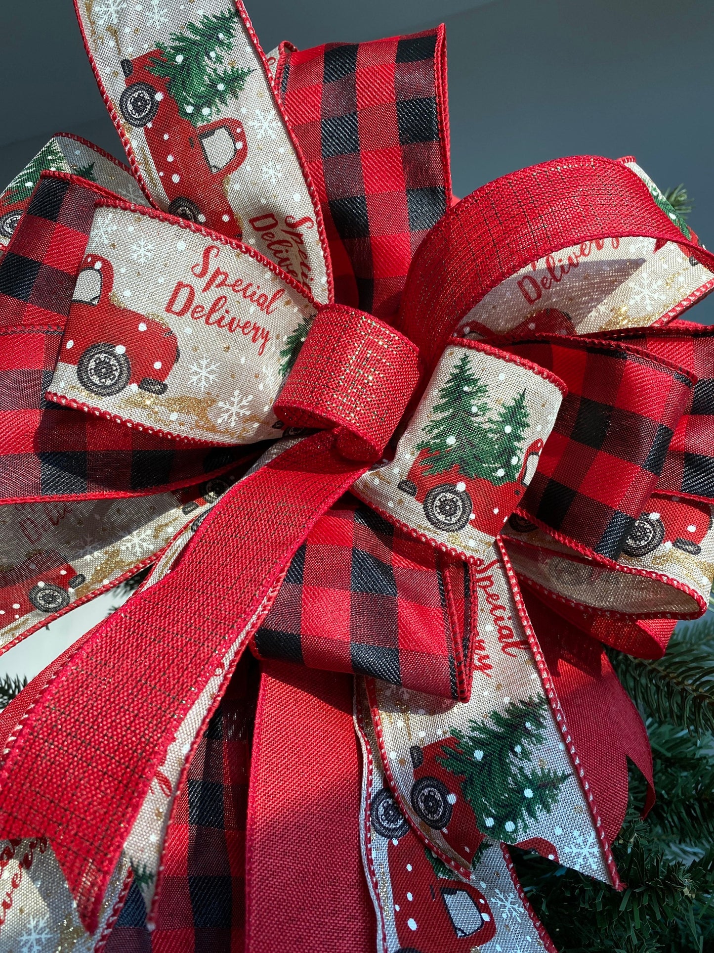 Farmhouse Red Truck Christmas Tree Topper Bow, Buffalo Plaid Bow with Long Tails, Bannister Bow