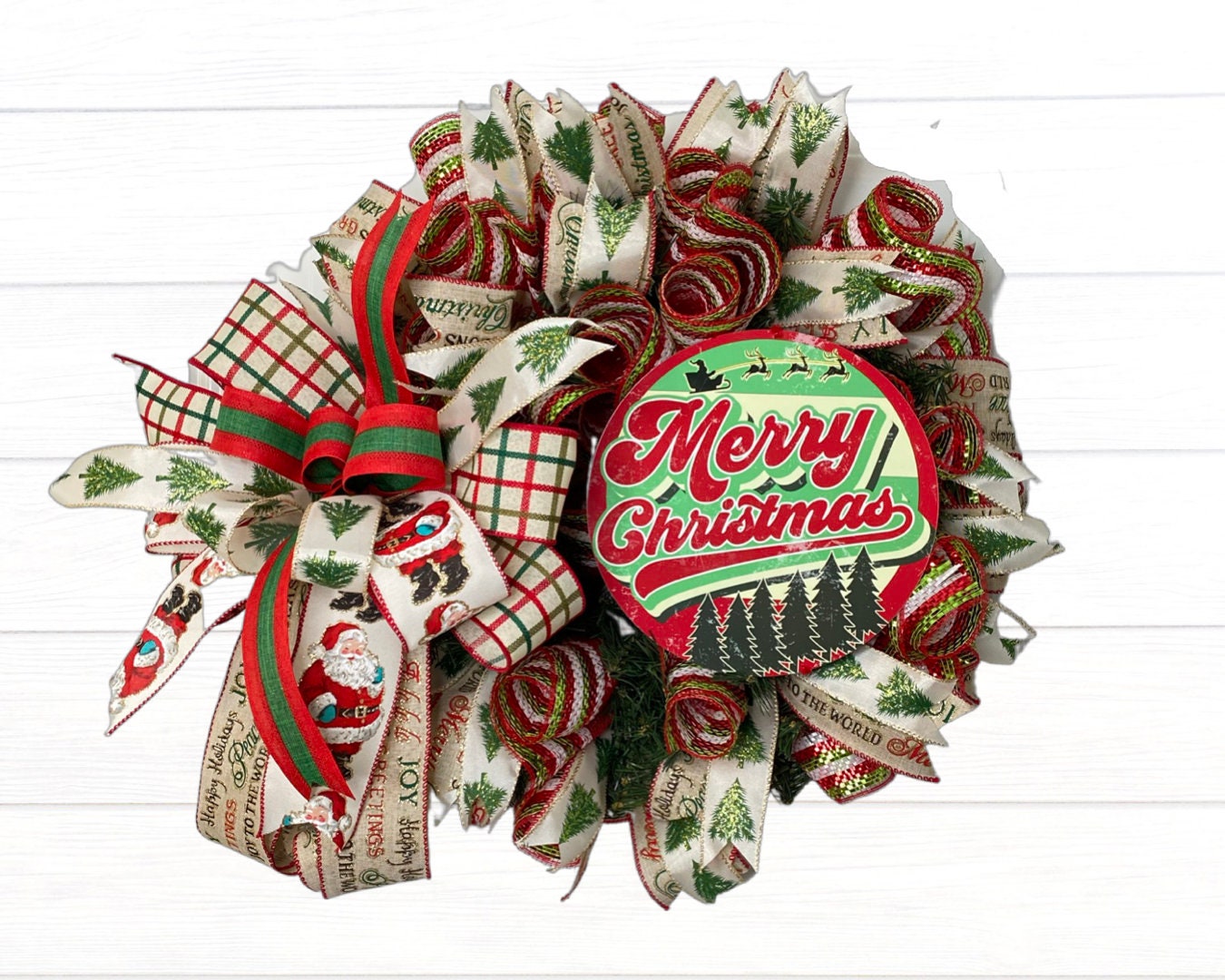 Retro Merry Christmas Wreath, Vintage Looking Mesh Door Hanger, Smaller Red and Green Pixie Wreath for Apartment Front Door,