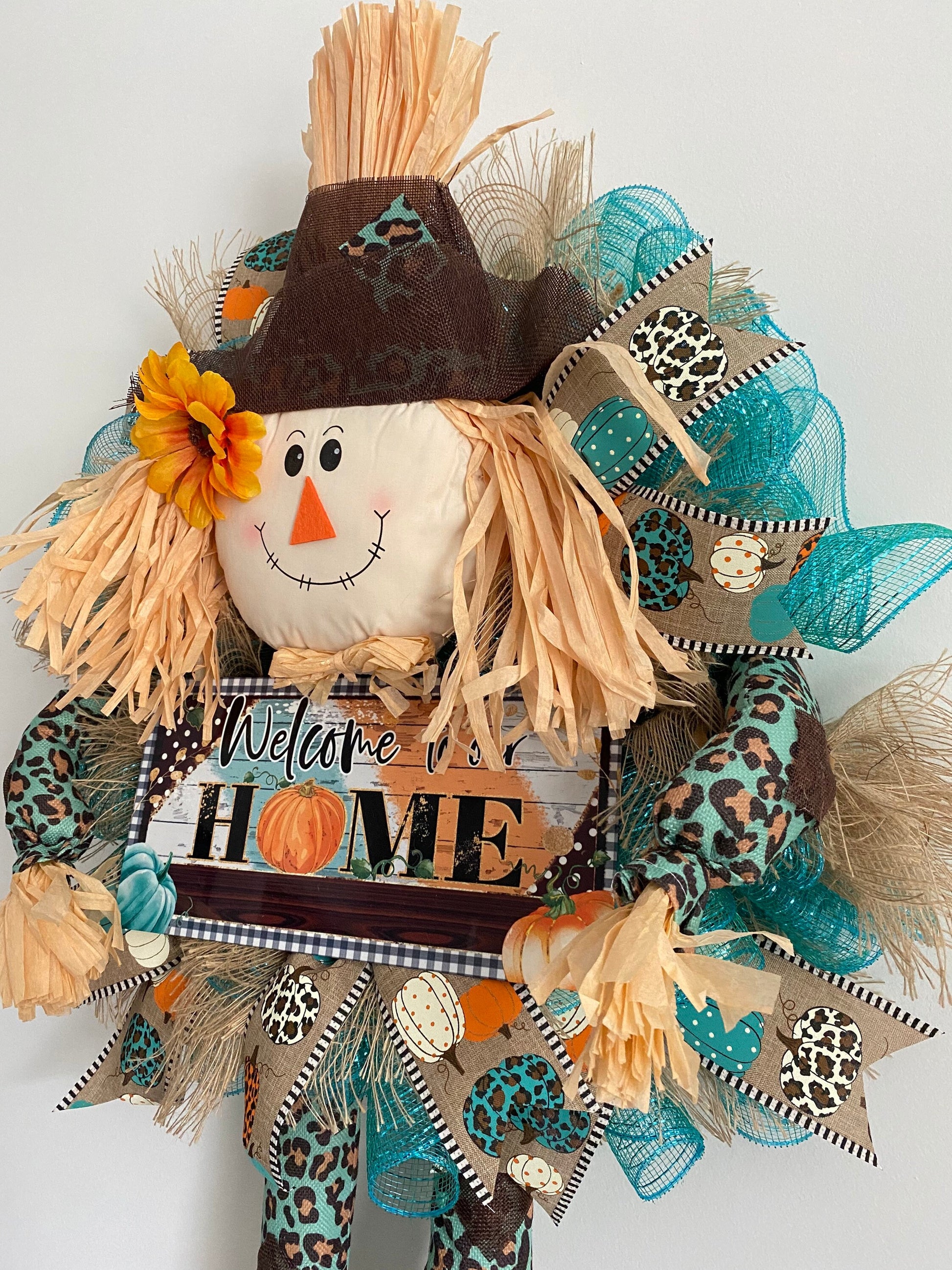 Fall Teal Leopard Scarecrow Welcome Wreath, Blue Autumn Large Home Door Hanger for Front Door, Rustic Farmhouse Porch Decor