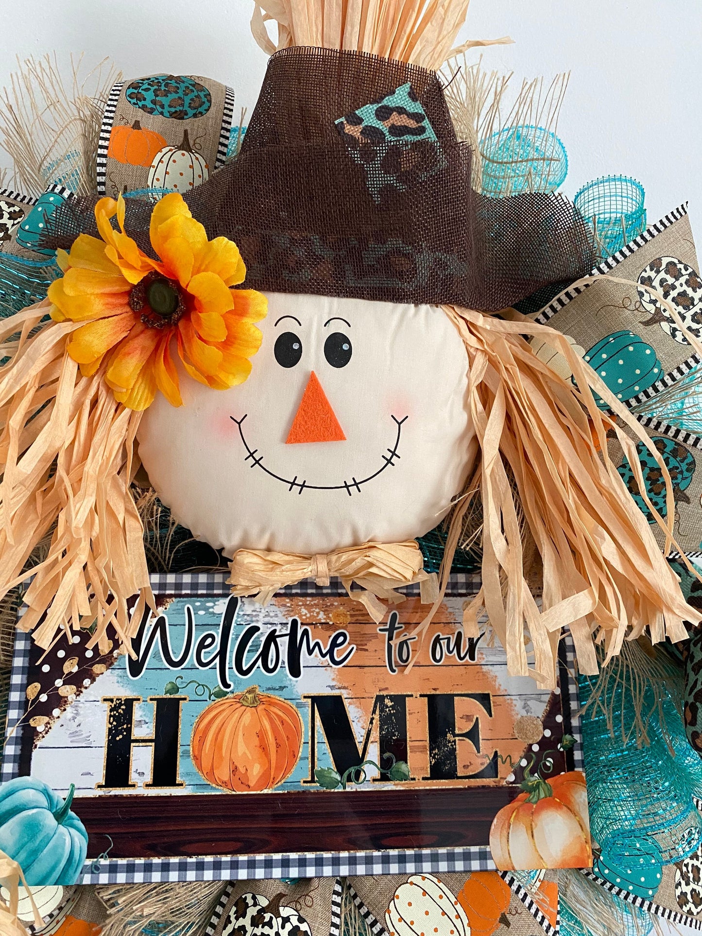 Fall Teal Leopard Scarecrow Welcome Wreath, Blue Autumn Large Home Door Hanger for Front Door, Rustic Farmhouse Porch Decor