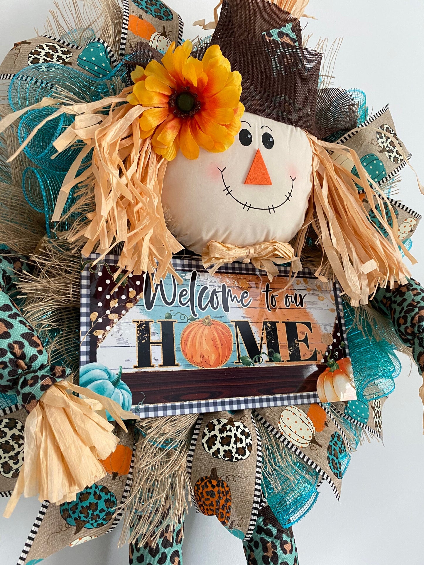 Fall Teal Leopard Scarecrow Welcome Wreath, Blue Autumn Large Home Door Hanger for Front Door, Rustic Farmhouse Porch Decor