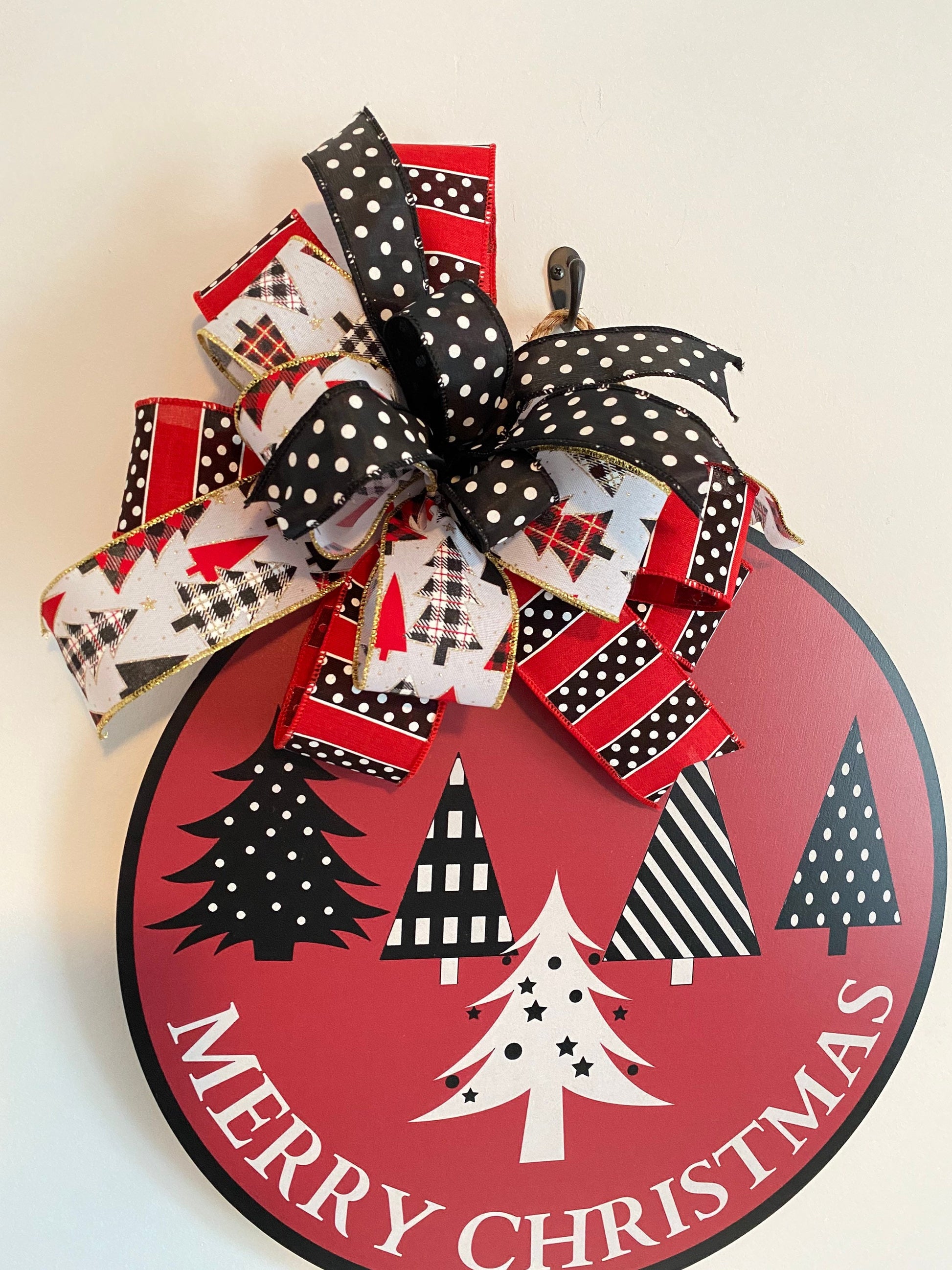 Merry Christmas Doorhanger with Bow, Holiday Door Decor, Black and White Christmas Trees Large SIgn, Thin Red Hanging Holiday Decor with Bow