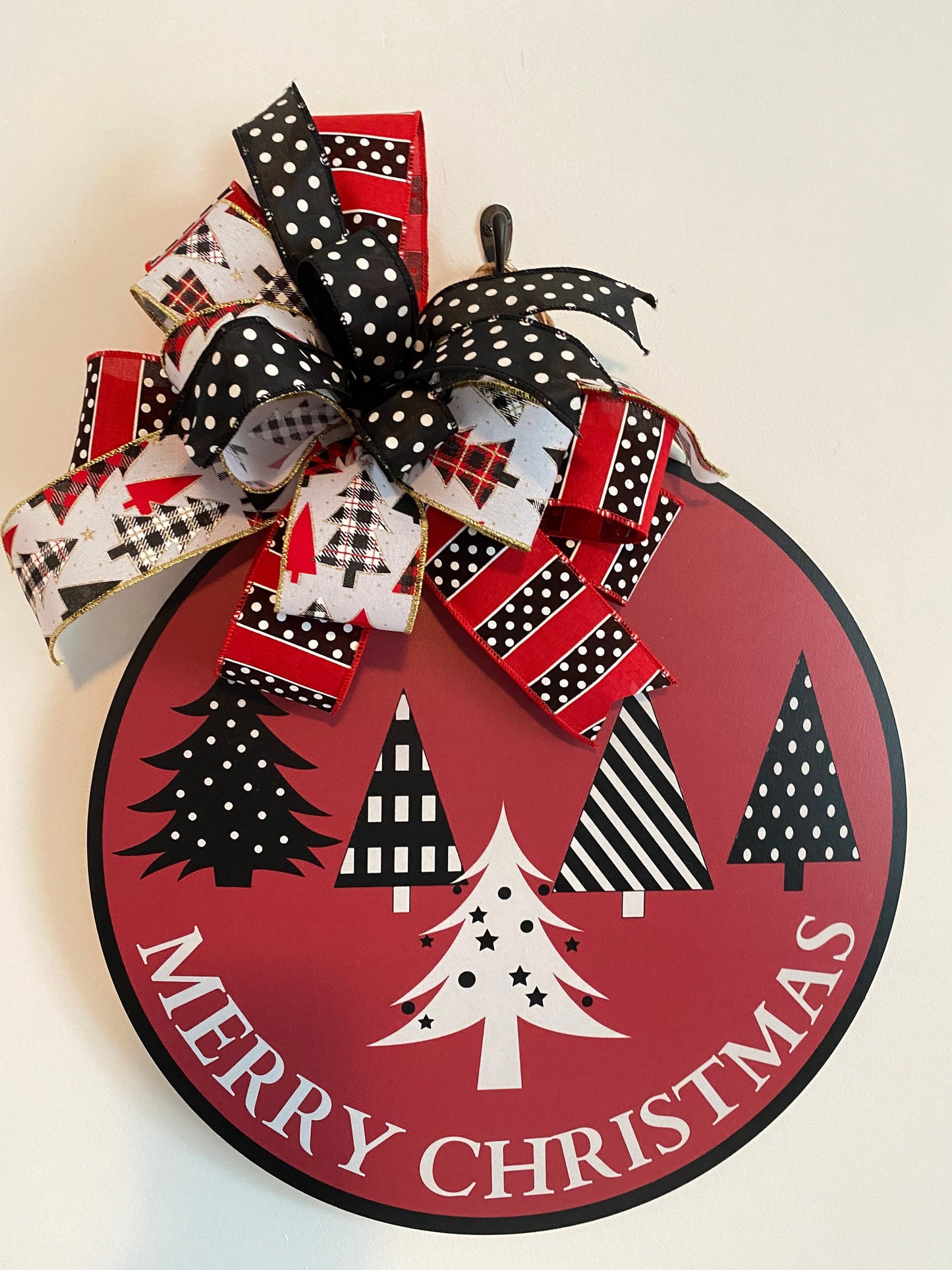 Merry Christmas Doorhanger with Bow, Holiday Door Decor, Black and White Christmas Trees Large SIgn, Thin Red Hanging Holiday Decor with Bow