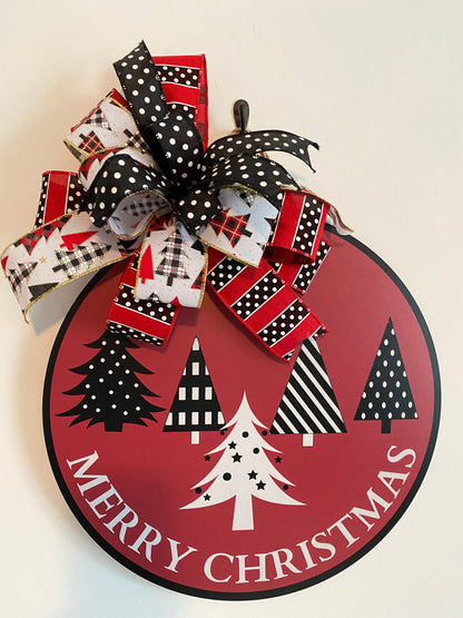 Merry Christmas Doorhanger with Bow, Holiday Door Decor, Black and White Christmas Trees Large SIgn, Thin Red Hanging Holiday Decor with Bow