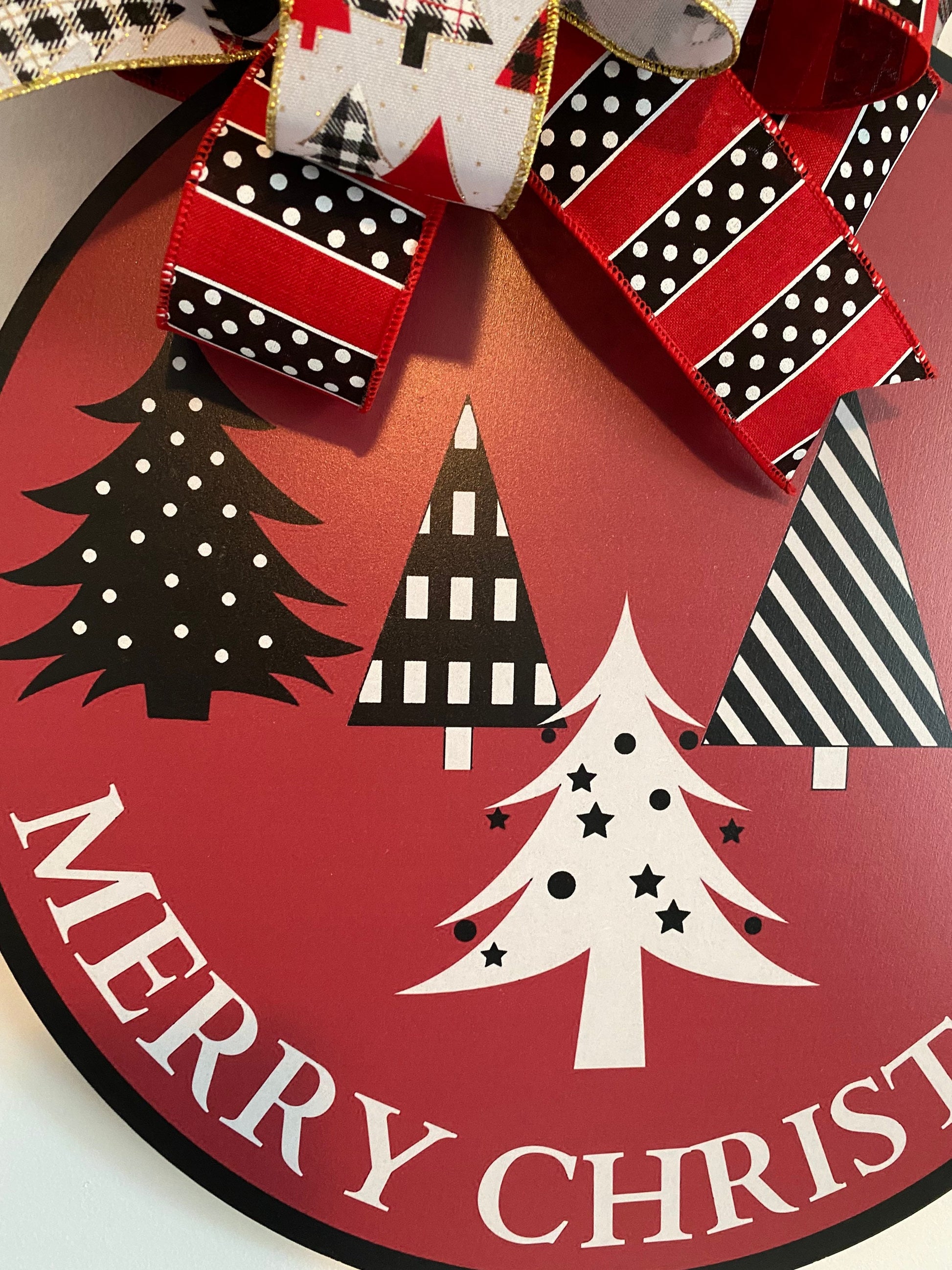 Merry Christmas Doorhanger with Bow, Holiday Door Decor, Black and White Christmas Trees Large SIgn, Thin Red Hanging Holiday Decor with Bow