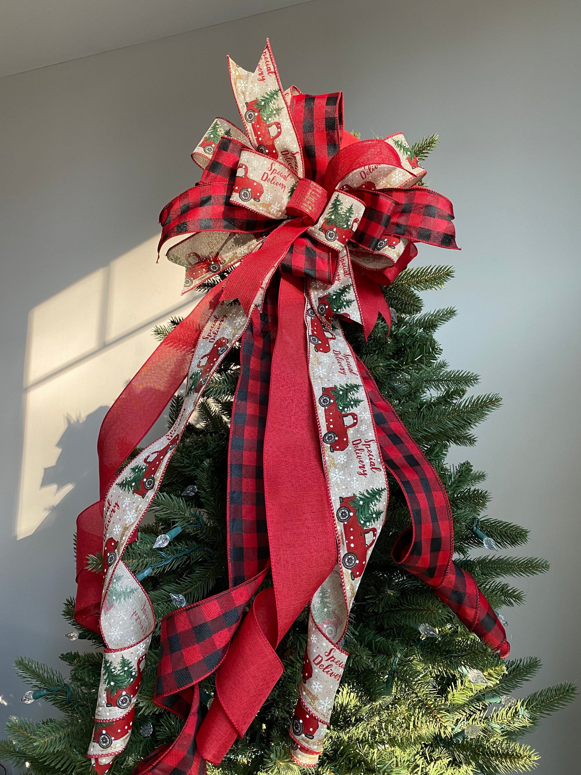 Farmhouse Red Truck Christmas Tree Topper Bow, Buffalo Plaid Bow with Long Tails, Bannister Bow