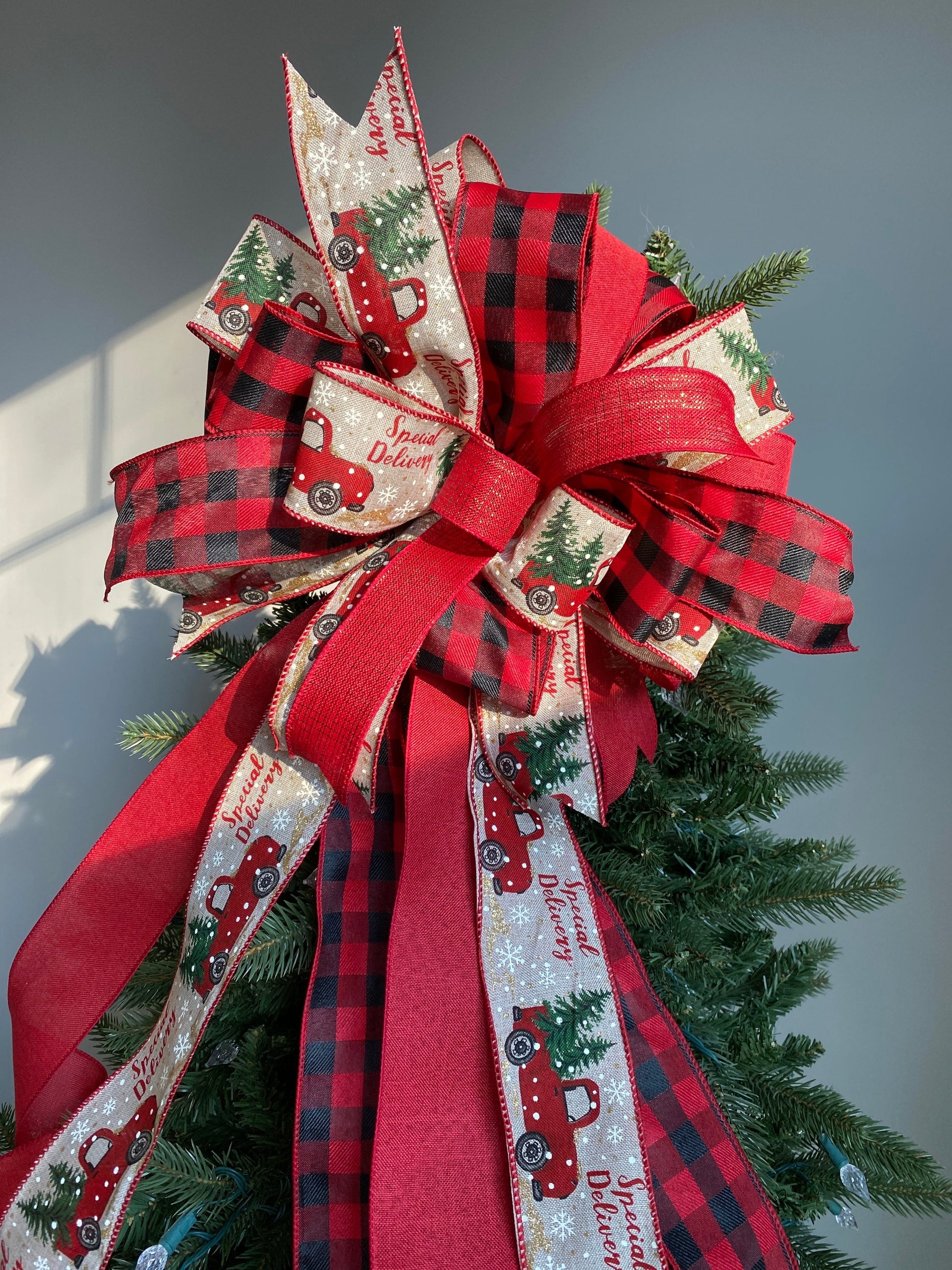 Farmhouse Red Truck Christmas Tree Topper Bow, Buffalo Plaid Bow with Long Tails, Bannister Bow