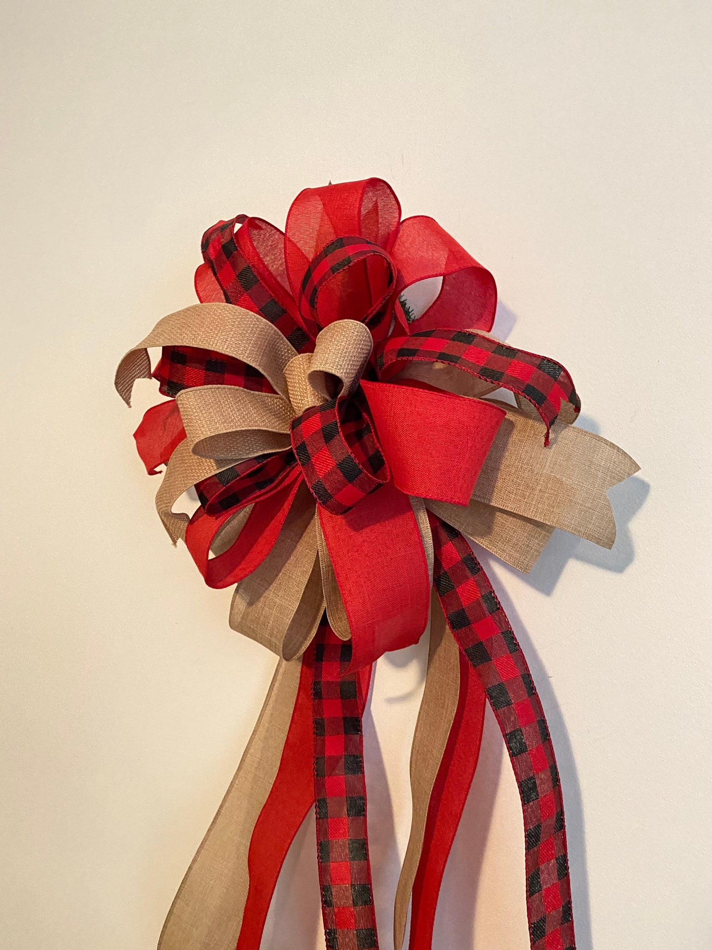 Farmhouse Christmas Tree Topper Bow, Buffalo Plaid and Burpap Bow with Long Tails, Red Black Buffalo Check Christmas Decor, Bannister Bow