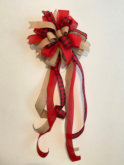 Farmhouse Christmas Tree Topper Bow, Buffalo Plaid and Burpap Bow with Long Tails, Red Black Buffalo Check Christmas Decor, Bannister Bow