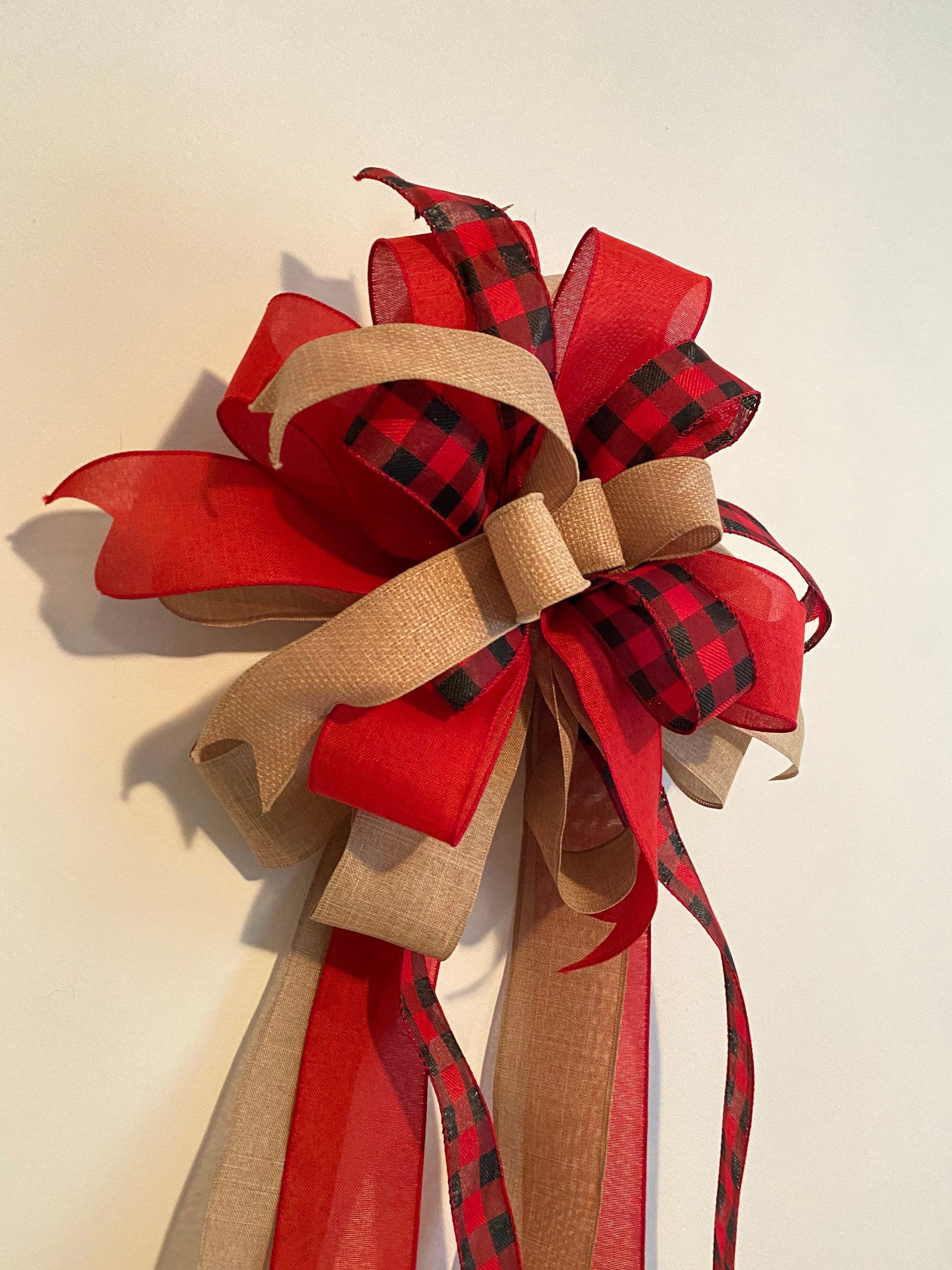 Farmhouse Christmas Tree Topper Bow, Buffalo Plaid and Burpap Bow with Long Tails, Red Black Buffalo Check Christmas Decor, Bannister Bow