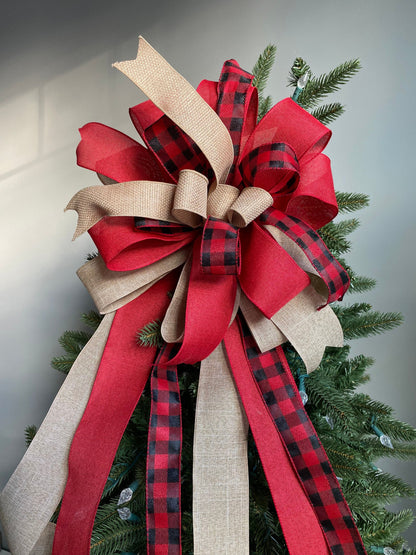 Farmhouse Christmas Tree Topper Bow, Buffalo Plaid and Burpap Bow with Long Tails, Red Black Buffalo Check Christmas Decor, Bannister Bow