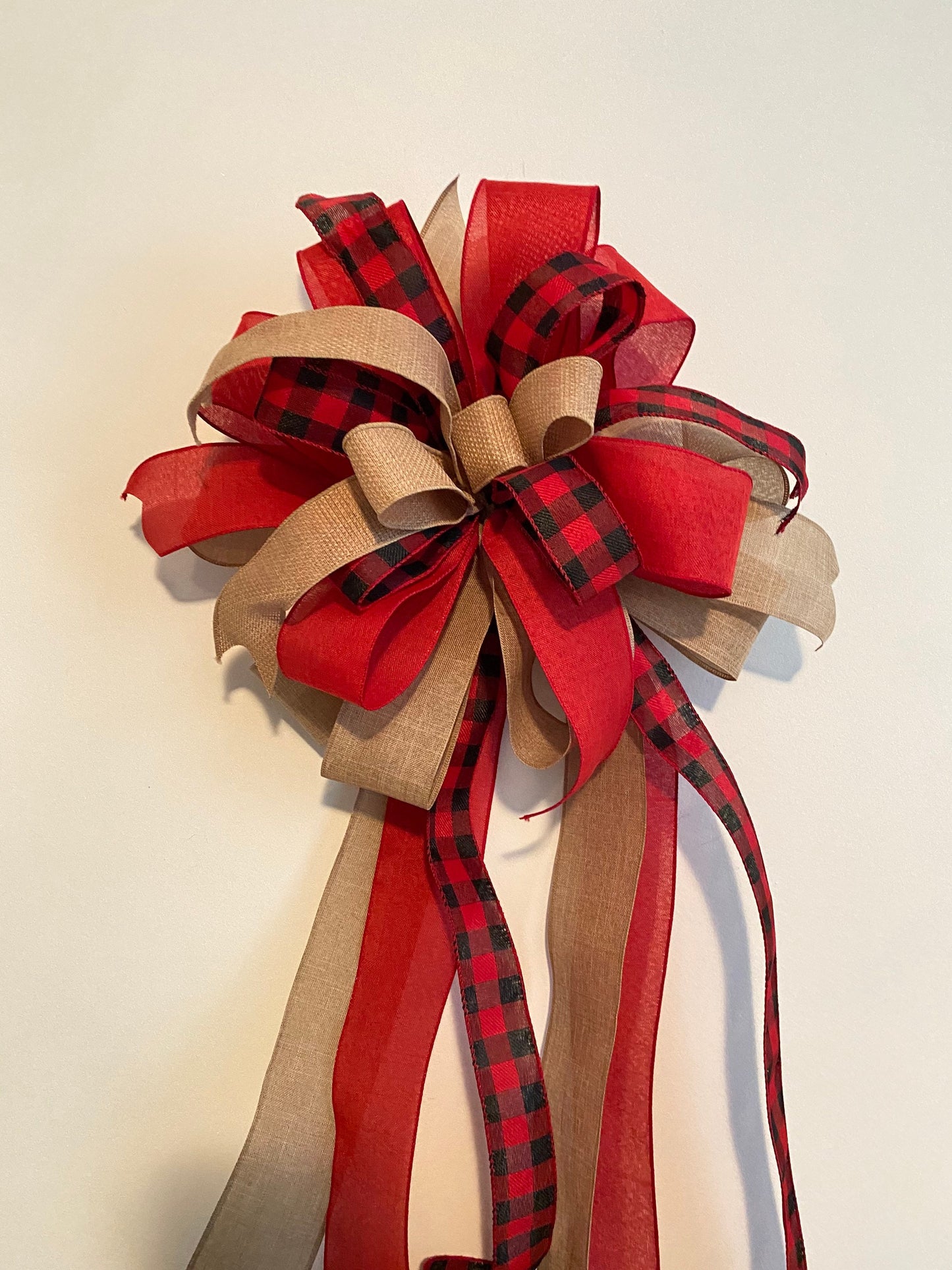 Farmhouse Christmas Tree Topper Bow, Buffalo Plaid and Burpap Bow with Long Tails, Red Black Buffalo Check Christmas Decor, Bannister Bow