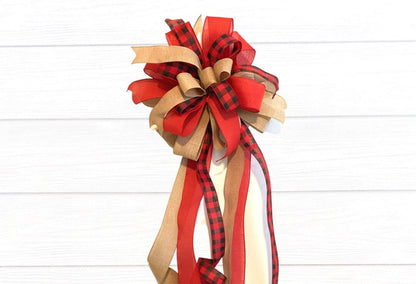 Farmhouse Christmas Tree Topper Bow, Buffalo Plaid and Burpap Bow with Long Tails, Red Black Buffalo Check Christmas Decor, Bannister Bow