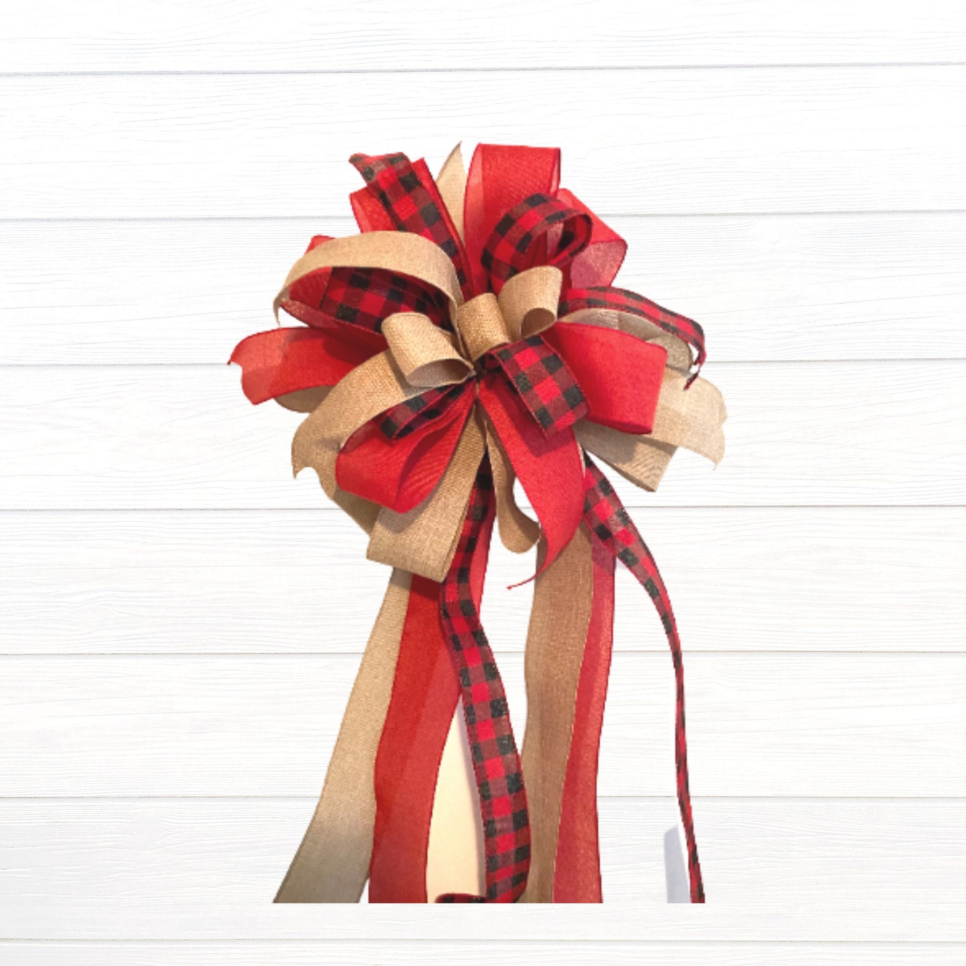 Farmhouse Christmas Tree Topper Bow, Buffalo Plaid and Burpap Bow with Long Tails, Red Black Buffalo Check Christmas Decor, Bannister Bow