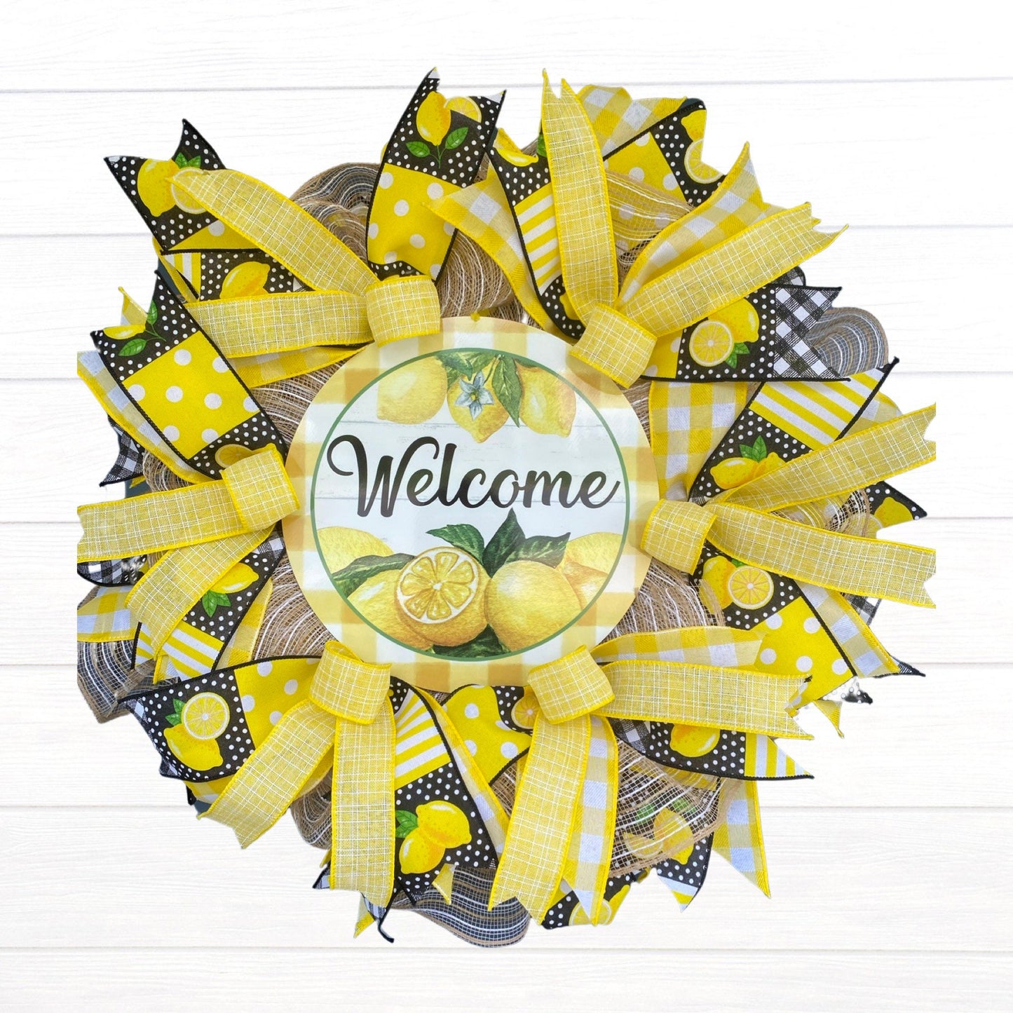 Lemon Welcome Wreath for Front Door, Summer Lemon Kitchen Decor, Lemon Porch Decor, Yellow and White Door Hanger