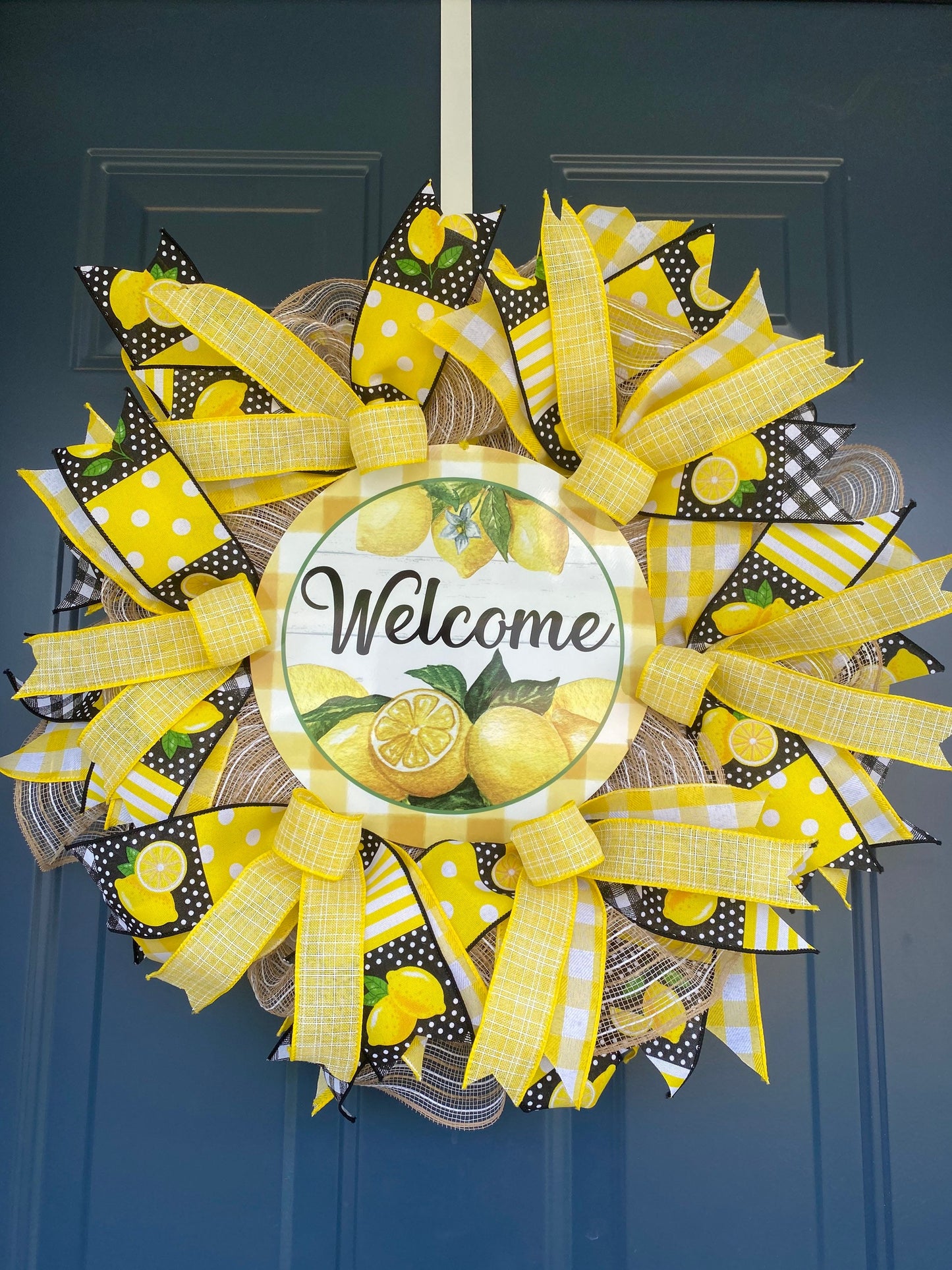 Lemon Welcome Wreath for Front Door, Summer Lemon Kitchen Decor, Lemon Porch Decor, Yellow and White Door Hanger