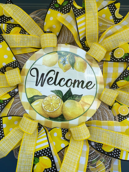 Lemon Welcome Wreath for Front Door, Summer Lemon Kitchen Decor, Lemon Porch Decor, Yellow and White Door Hanger