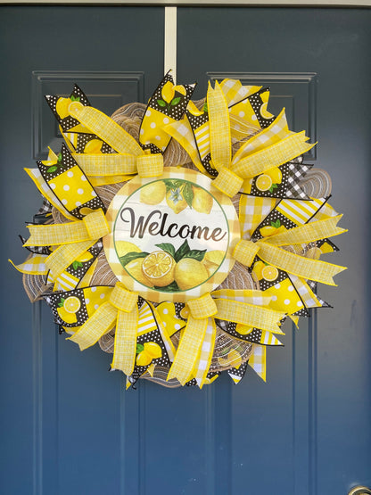 Lemon Welcome Wreath for Front Door, Summer Lemon Kitchen Decor, Lemon Porch Decor, Yellow and White Door Hanger