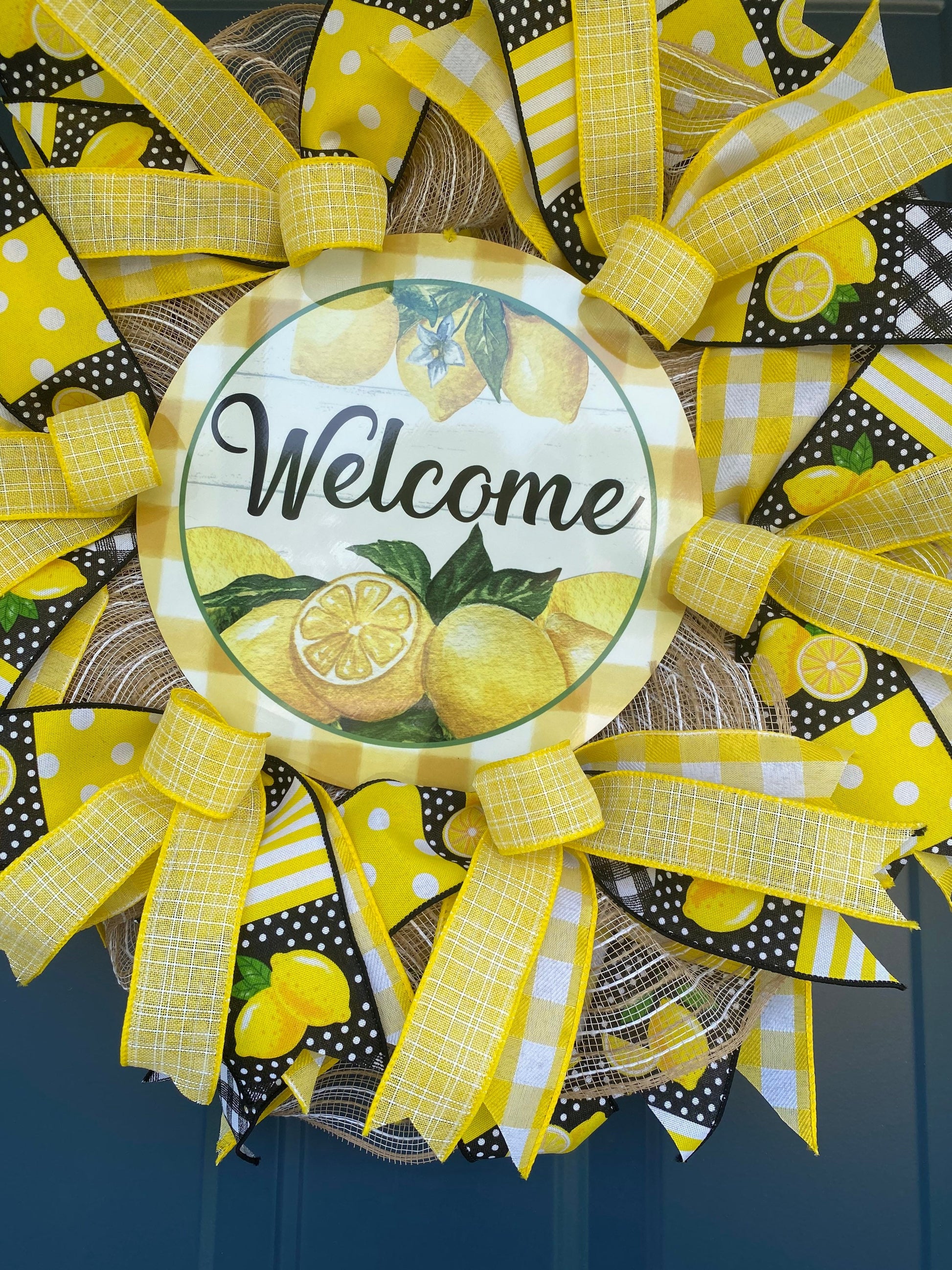 Lemon Welcome Wreath for Front Door, Summer Lemon Kitchen Decor, Lemon Porch Decor, Yellow and White Door Hanger