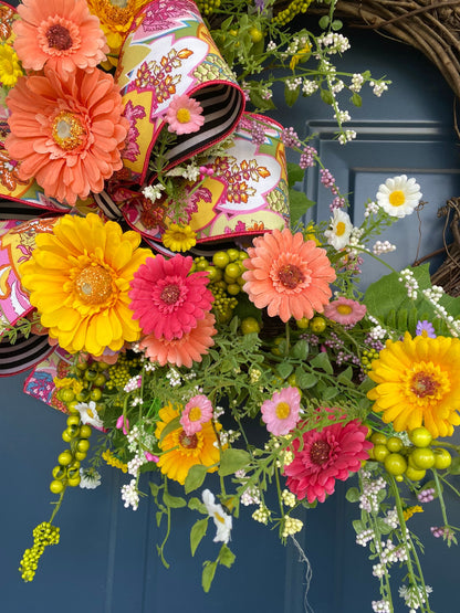 Bright Summer Wreath for Front Door, Gerbera Daisy and Wildflower Wreath, Colorful Porch Decor, Floral Grapevine Wreath for Spring Summer