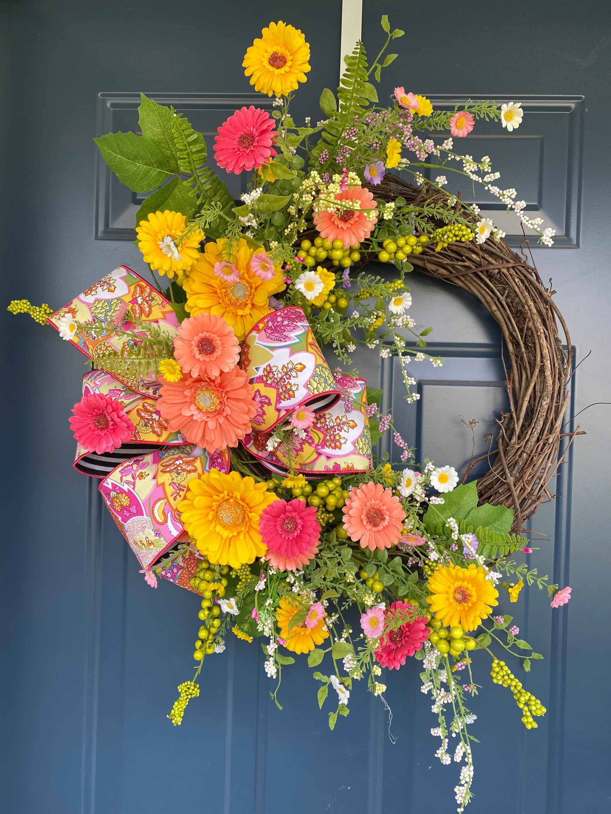 Bright Summer Wreath for Front Door, Gerbera Daisy and Wildflower Wreath, Colorful Porch Decor, Floral Grapevine Wreath for Spring Summer