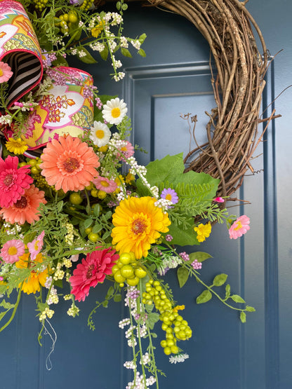 Bright Summer Wreath for Front Door, Gerbera Daisy and Wildflower Wreath, Colorful Porch Decor, Floral Grapevine Wreath for Spring Summer