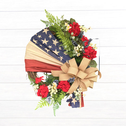 Flag Wreath, Patriotic Floral Grapevine Wreath, 4th of July Wreath, Primitive Americana Wreath, Stars and Stripes Doorhanger