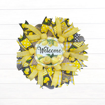 Lemon Welcome Wreath for Front Door, Summer Lemon Kitchen Decor, Lemon Porch Decor, Yellow and White Door Hanger