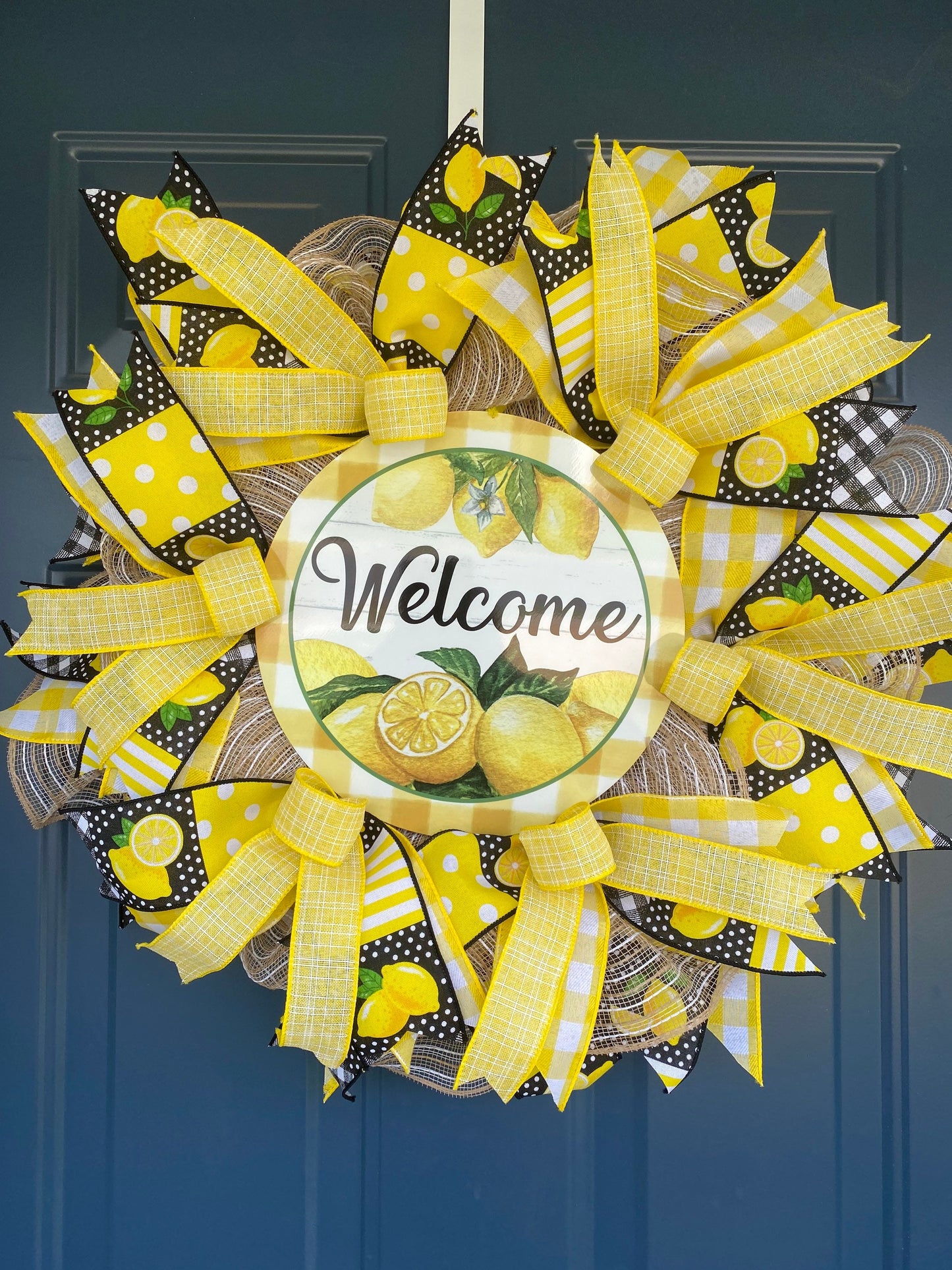 Lemon Welcome Wreath for Front Door, Summer Lemon Kitchen Decor, Lemon Porch Decor, Yellow and White Door Hanger