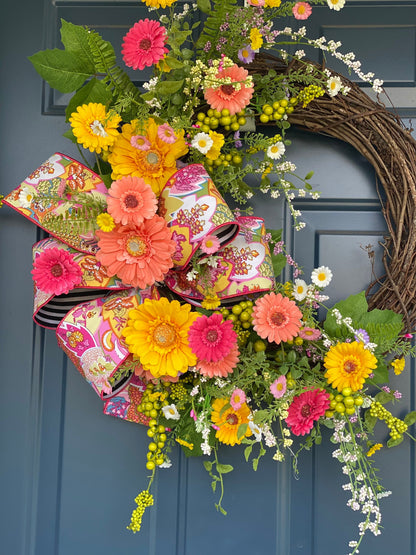 Bright Summer Wreath for Front Door, Gerbera Daisy and Wildflower Wreath, Colorful Porch Decor, Floral Grapevine Wreath for Spring Summer