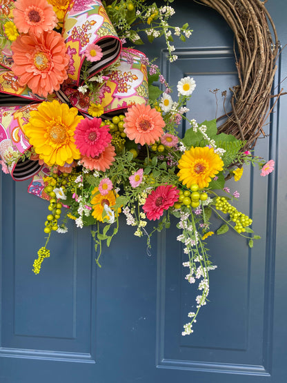 Bright Summer Wreath for Front Door, Gerbera Daisy and Wildflower Wreath, Colorful Porch Decor, Floral Grapevine Wreath for Spring Summer