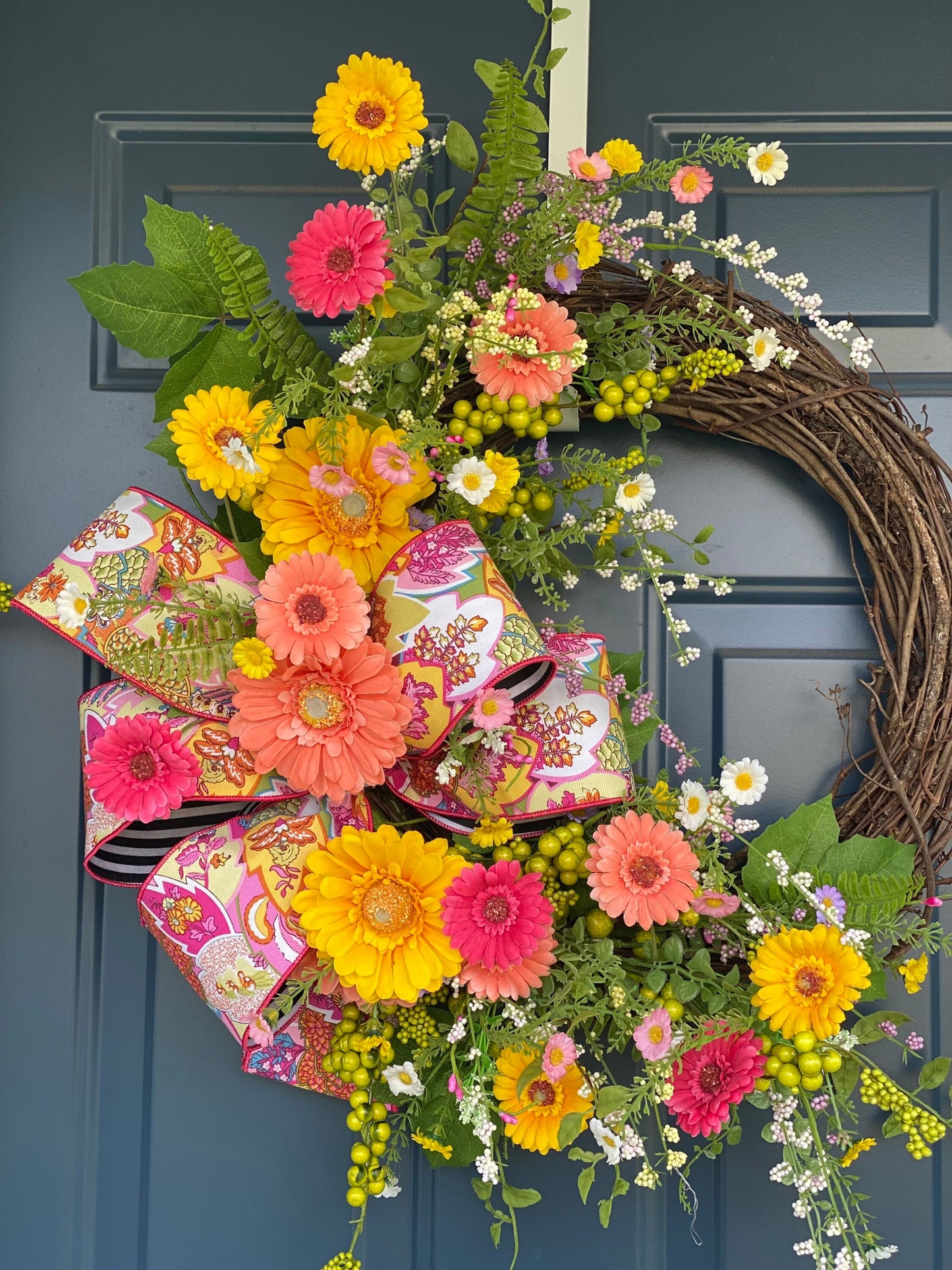 Bright Summer Wreath for Front Door, Gerbera Daisy and Wildflower Wreath, Colorful Porch Decor, Floral Grapevine Wreath for Spring Summer