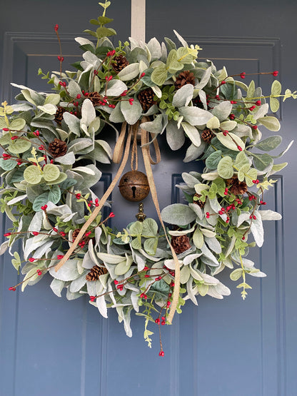 Winter Bell Door Wreath with Berries and Pine Cones, Christmas Rusty Jingle Bell Lambs Ear Eucalyptus Rustic Wreath, Minimalist Farmhouse