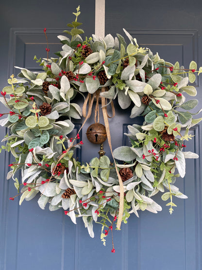 Winter Bell Door Wreath with Berries and Pine Cones, Christmas Rusty Jingle Bell Lambs Ear Eucalyptus Rustic Wreath, Minimalist Farmhouse